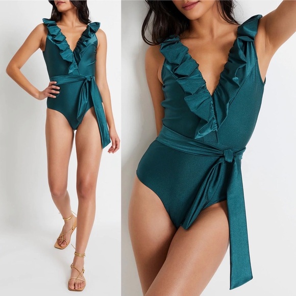 NWT $350 PatBO Plunge Ruffle One-Piece Swimsuit in Palace Green Size Small - Picture 1 of 12